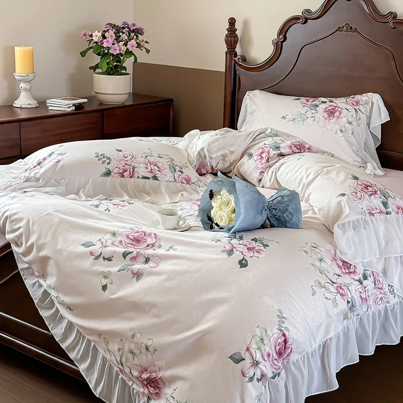 Decobites French Flowers Lace Ruffles Princess Bedding Set with Bed Sheet Pillowcases