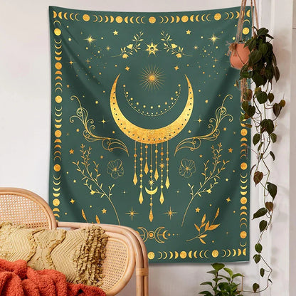 Decobites Celestial Moon Phase Tapestry with Floral Accents