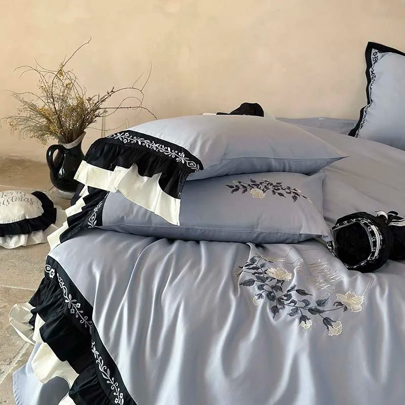 Decobites Flowers Embroidery Ruffles Cotton Bedding Set with Duvet Cover, Sheet, Pillowcases