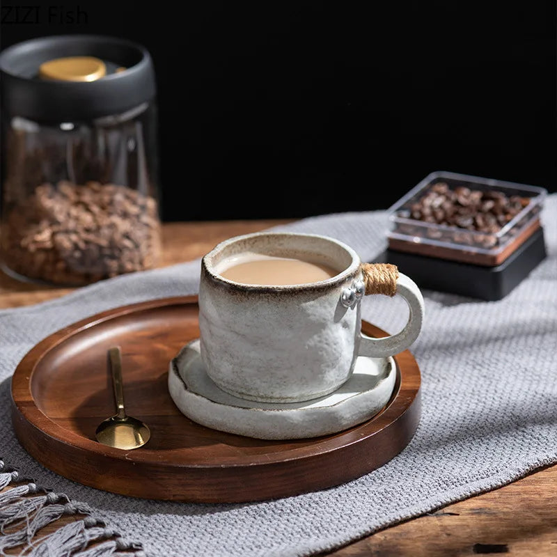 DecorBites™ Coarse Pottery Cup & Saucer Set - Classical Mugs for Dining Table or Coffee