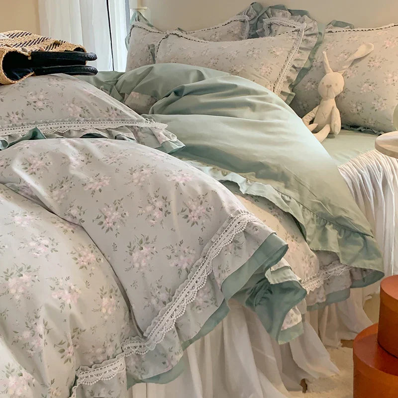 Juego de Edredón de Algodón con Volantes de Encaje Floral Decorbites™ y Funda de Almohada, Ropa de Cama Princesa