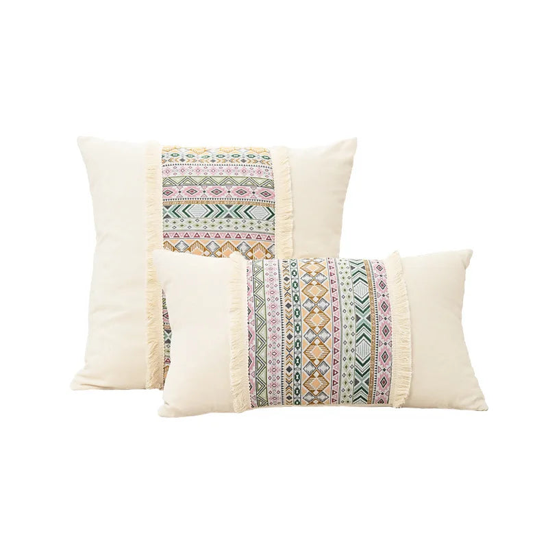 DecorBites™ Handmade Tassel Cushion Cover Retro Jacquard Patchwork Fringed Pillow Cover