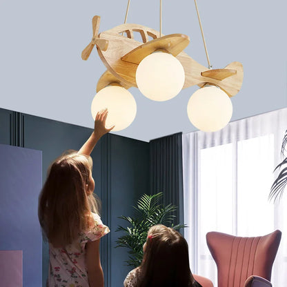 DecorBites™ Kids Wood Airplane Chandelier LED Pendant Light for Boy Bedroom