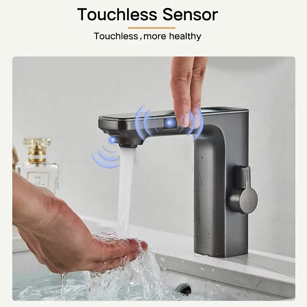 Touchless Sensor Tap Basin Faucet Brass Smart Digital Display Bathroom Sink Faucet Hot Cold Water Mixer Tap Battery Power