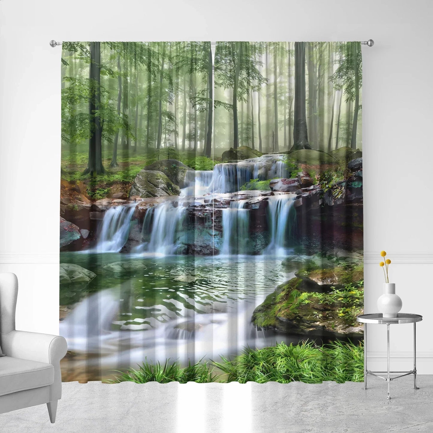 Decobites Waterfall Beach Scenery Printed Curtains for Kitchen, Coffee Shop & Living Room