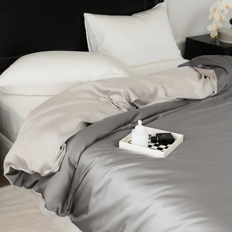 DecorBites™ Double Layer Satin Queen Duvet Set Smooth & Cool Luxury Quilt Cover Pillowcases