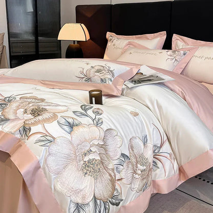 Decobites Pink Flowers Embroidery Cotton Luxury Bedding Set: Duvet, Sheet, Pillowcases - 4Pcs