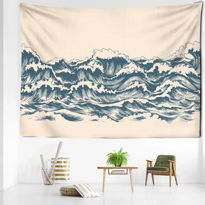 Decobites Minimalist Cartoon Wave Tapestry Wall Hanging for Bedroom Living Room