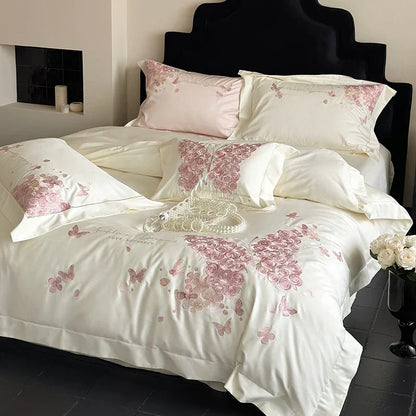 Decobites Rose Butterfly Embroidery 1000TC Egyptian Cotton Bedding Set in Cream White