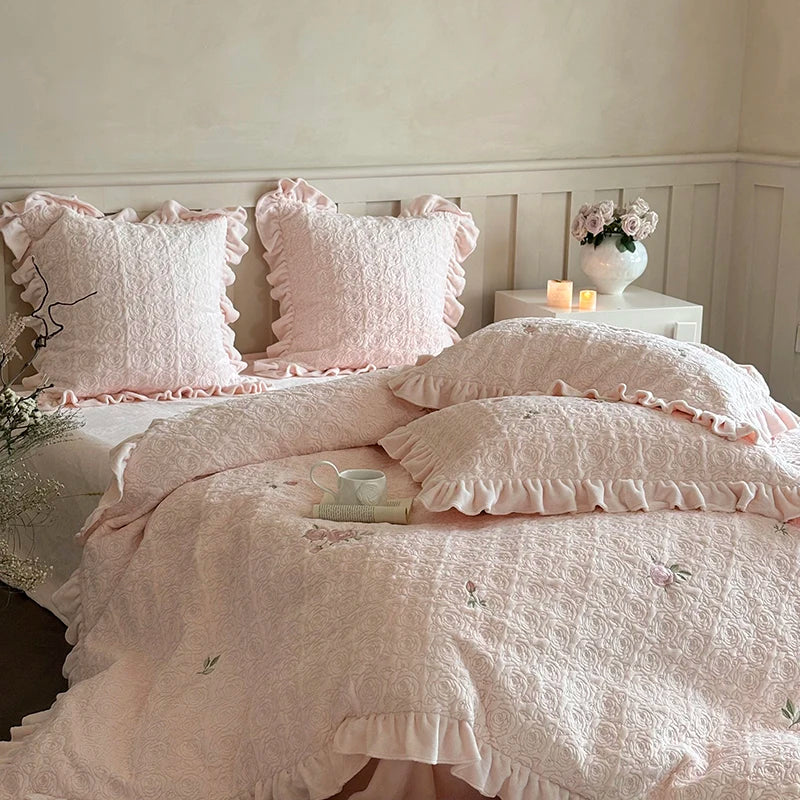 Decobites Pink Winter Milk Velvet Floral Ruffles Bedding Set