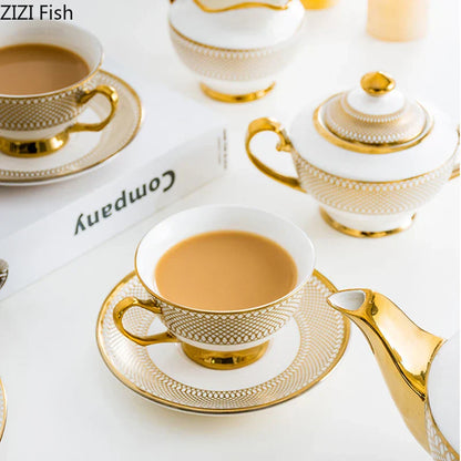 DecorBites™ Gold Ceramic Tea Set for Dining Table, Coffee Mug, Teapot, Afternoon Tea & Beverage Container