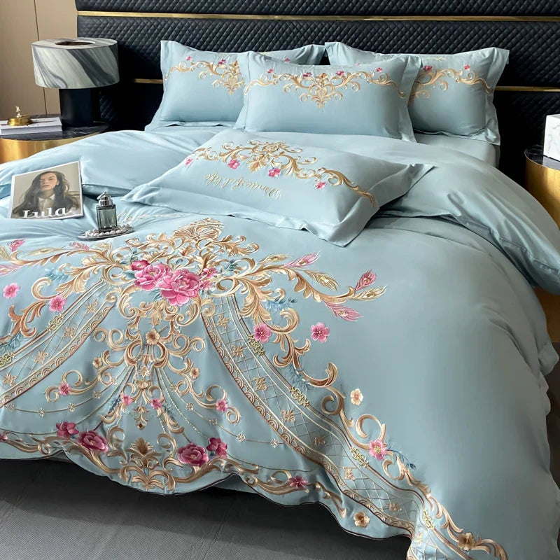 Decobites Exquisite Flowers Embroidery Bedding Set: Queen King Duvet Cover, Sheet, Pillowcases