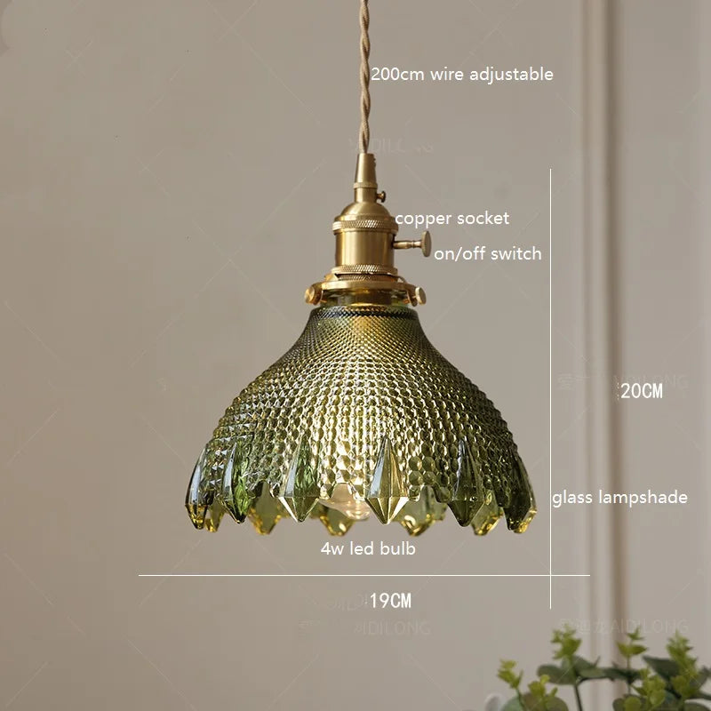 DecorBites™ Green Glass LED Pendant Lamp with Copper Wood Handle for Modern Nordic Home Decor
