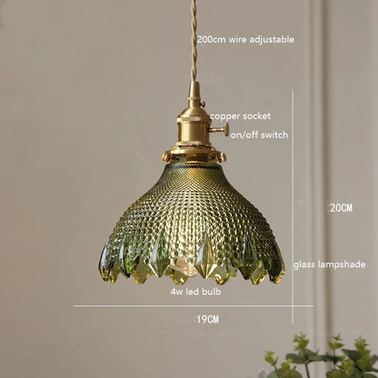 DecorBites™ Green Glass LED Pendant Lamp with Copper Wood Handle for Modern Nordic Home Decor