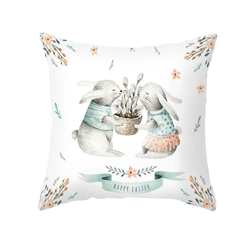 DecorBites™ Easter Rabbit & Eggs Pillowcase: Festival Home Decor Flower Bunny Print Cushion Cover