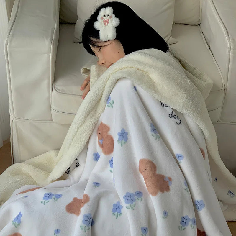 DecorBites™ Korean Cartoon Plush Blanket, Soft Nap Sofa Cover for Home Dormitory