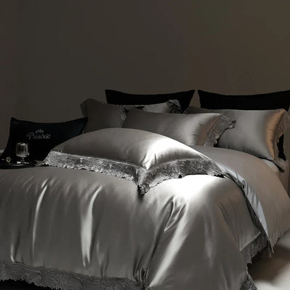 Decobites Luxe French Lace Edge Bedding Set: Silky Lyocell Cotton Duvet Cover, Sheet & Pillowcases