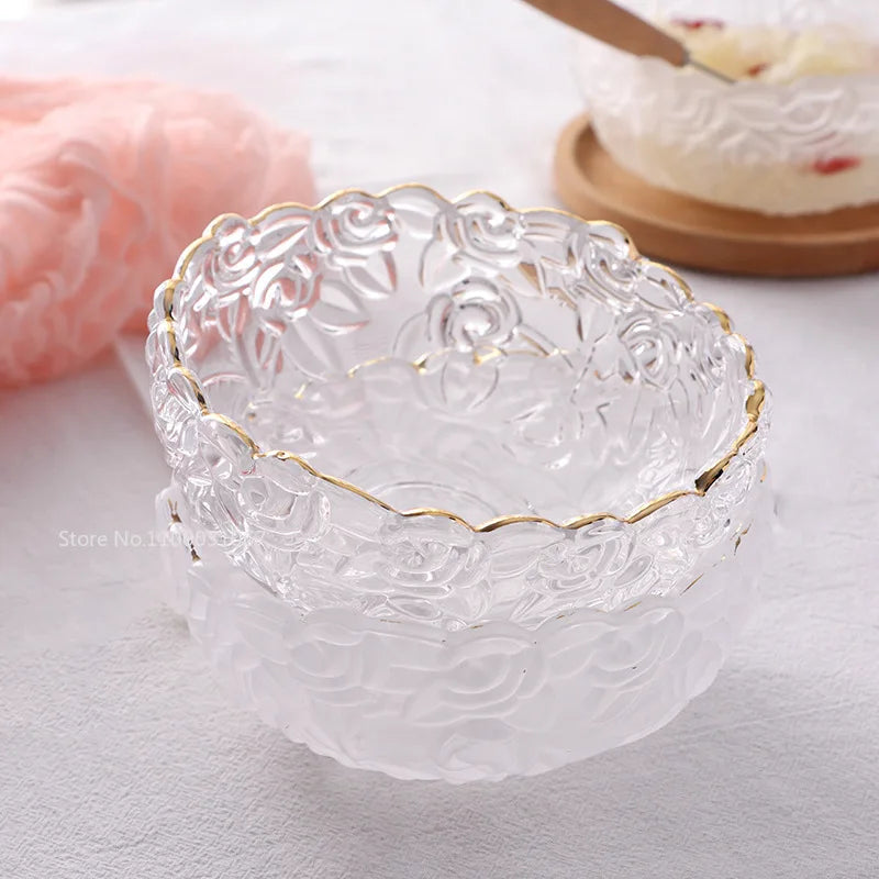 Decorbites™ Glas-Salat-Schüssel mit goldenem Rand – Vintage-Gravur, Relief-Handwerk