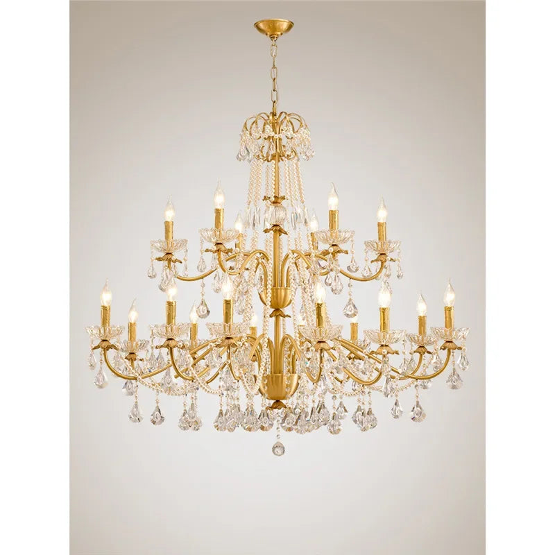 DecorBites™ Gold Brass Crystal Chandelier for Living Dining Bedroom, Retro Candle Lights Pendant Lamps