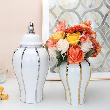 DecorBites™ Silver Striped Porcelain Ginger Pot Vase.