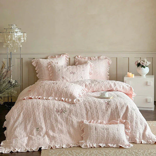 Decobites Pink Winter Milk Velvet Floral Ruffles Bedding Set