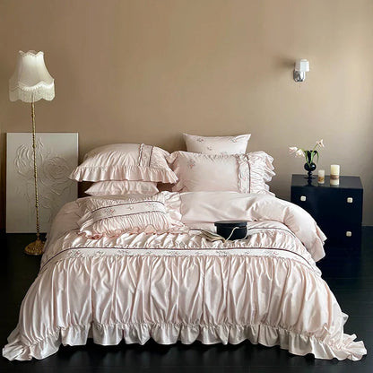 طقم أغطية سرير DecorBites™ 1000TC قطني مطرز بالزهور مع كشكشة من الدانتيل