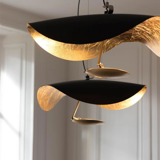 DecorBites™ Lederam Manta Pendant: Industrial Black & Gold Ceiling Light with Lotus Leaf Design
