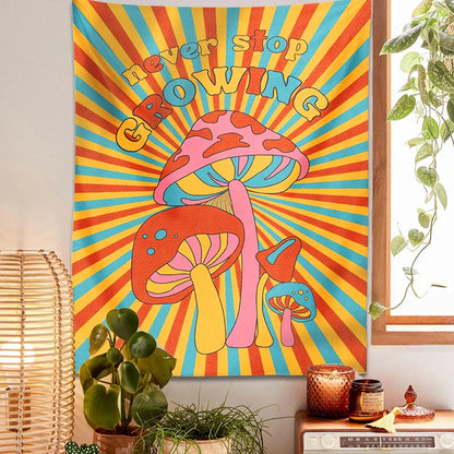 Decobites Mushroom Tapestry Retro Groovy Wall Decor Rainbow Sun Vintage Print