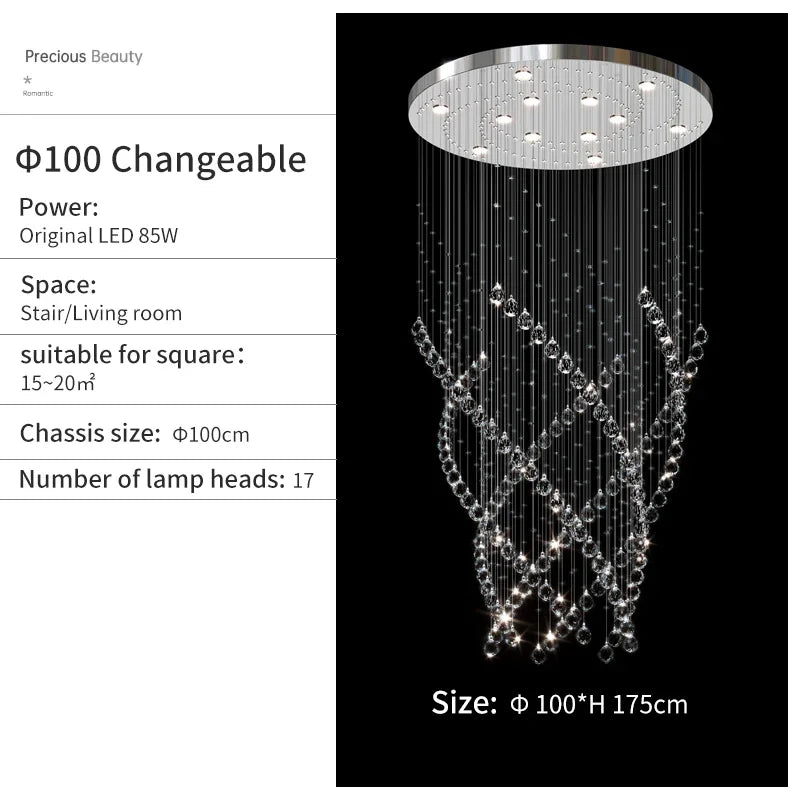 DecorBites™ Crystal Chandelier for High Ceilings Living Room - Modern Luxury Spiral Stair Pendant Lamp