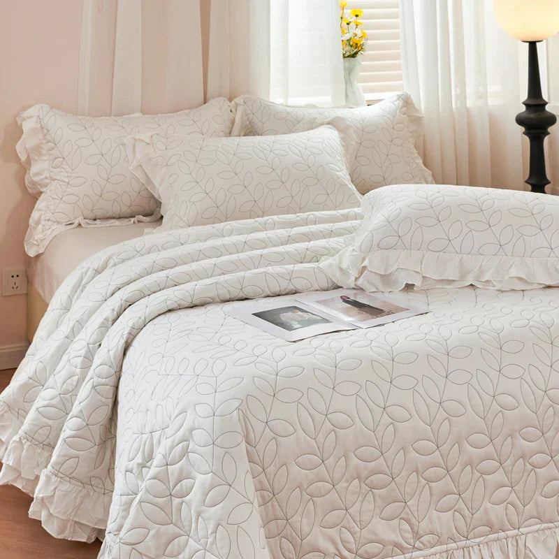 DecorBites™ Leaf Embroidery Double Layer Lace Ruffles Quilt Set with Bedspread & Pillowcases