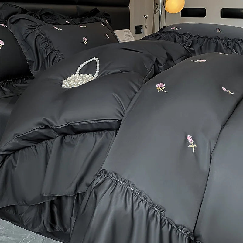 DecorBites™ Ice Silk Embroidery Bedding Sets: Luxury Rayon Duvet Set with Lace, Soft & Cozy