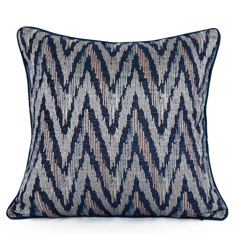 غطاء وسادة من قماش الجاكار الهندسي الأزرق من DecorBites™ مقاس 45×45 سم لتزيين الأريكة