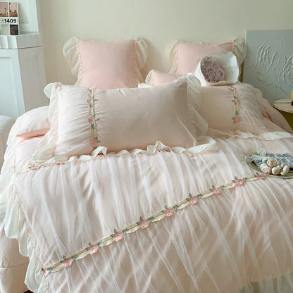 Decobites Pink French Princess Lace Ruffles Bedding Set with Pillowcases & Bed Sheet