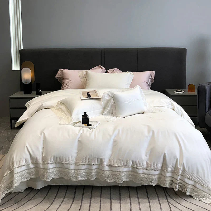 DecorBites™ Lace Ruffle Bedding Set, 1000TC Egyptian Cotton, Luxury Princess Style