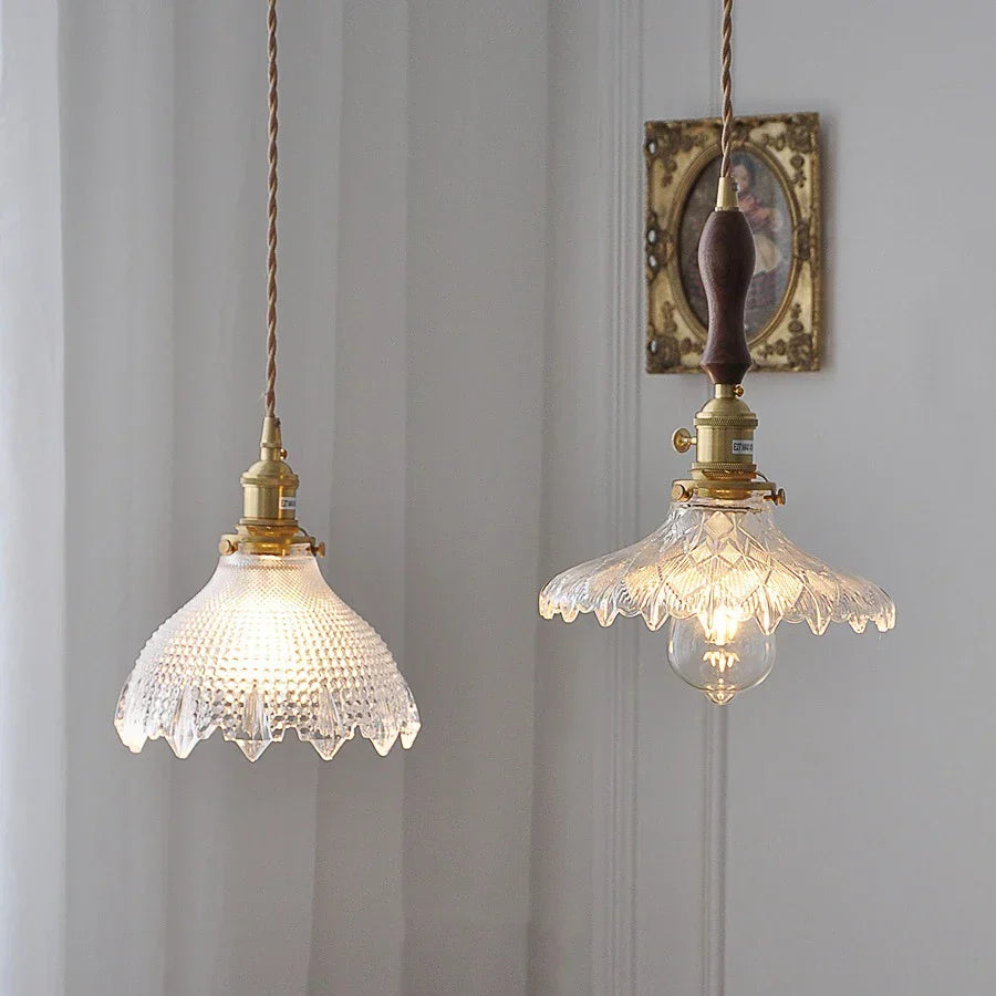 DecorBites™ Green Glass LED Pendant Lamp with Copper Wood Handle for Modern Nordic Home Decor