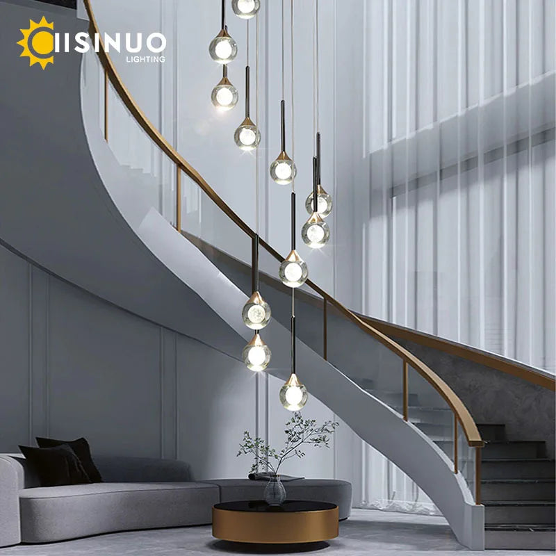 Chandelier de gotas de lluvia de cristal dorado Decorbites™ para escalera y vestíbulo
