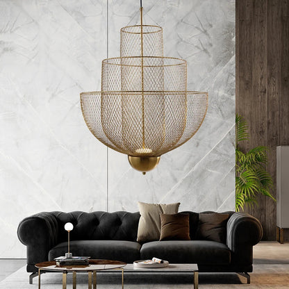 DecorBites™ Gold Mesh Grid Ceiling Chandelier: Dimmable LED Indoor Lighting