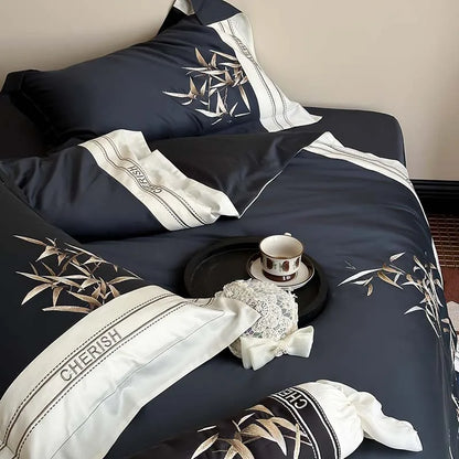 Decobites Bamboo Embroidery 1000TC Egyptian Cotton Bedding Set in Luxury Dark Blue