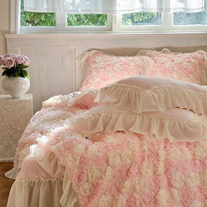 Decobites Luxe Rose Lace Ruffles Princess Bedding Set - 4Pcs