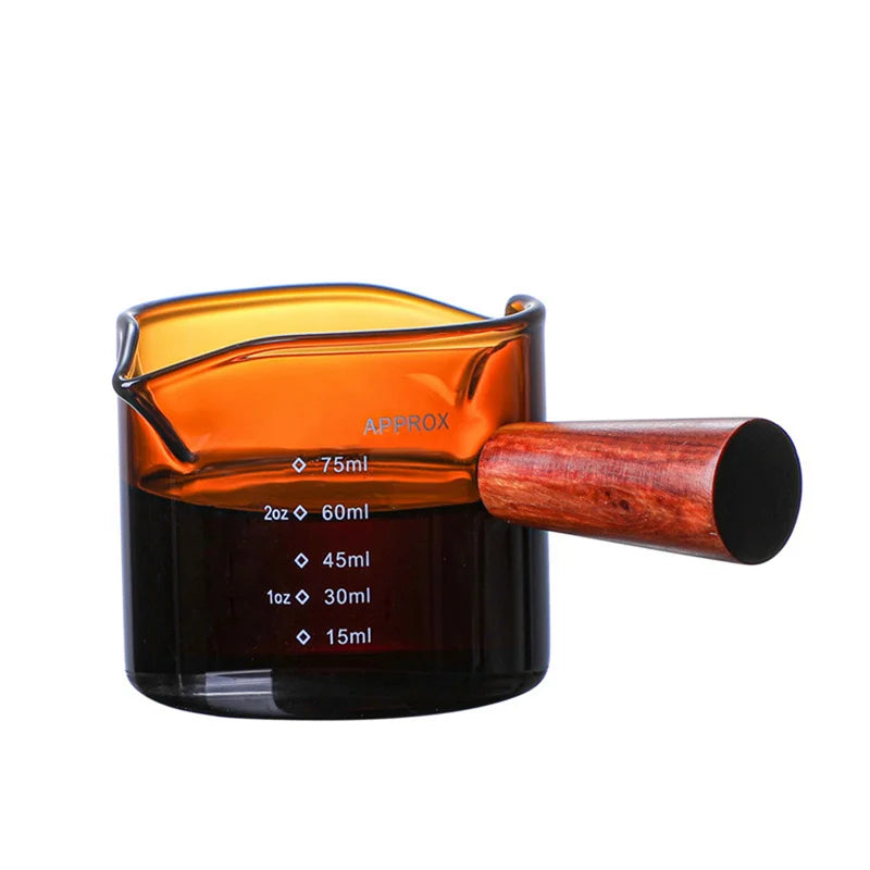 DecorBites™ Glass Double Mouth Espresso Measuring Cup with Wooden Handle Scale Mug