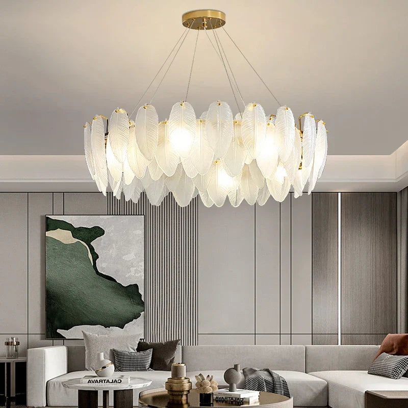 DecorBites™ Gold Feather Chandelier LED Pendant Light for Home Decor