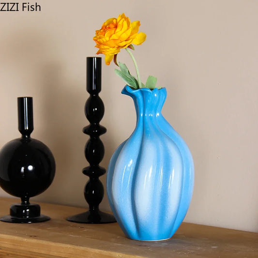 DecorBites™ Blue Ceramic Flower Bud Vase for Table Decoration and Room Aesthetic