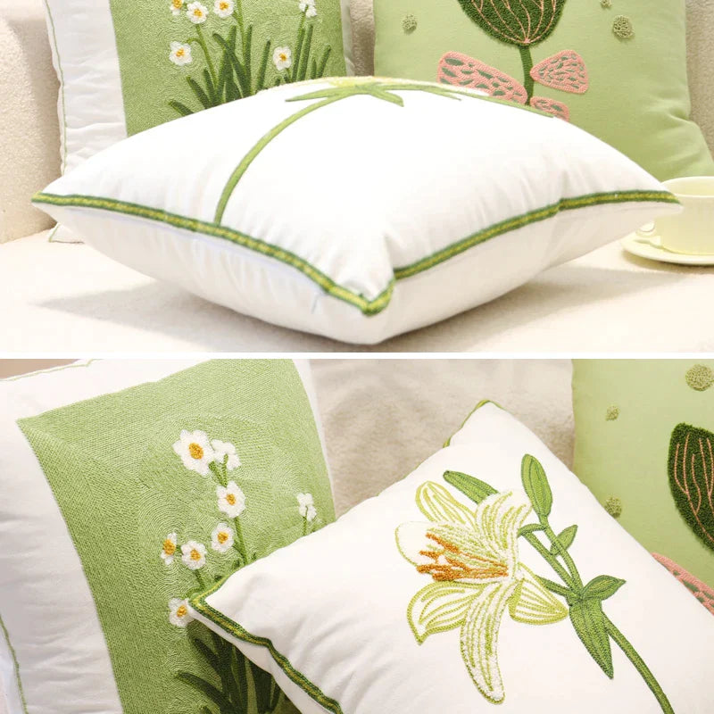 DecorBites™ Green Embroidered Cotton Cushion Cover, Rustic Throw Pillowcase for Living Room Sofa