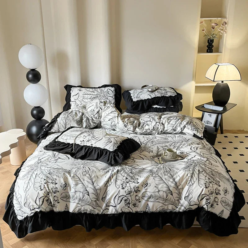 Decobites French Vintage Black Ruffles Duvet Cover Set with Pillowcases, Nordic Luxury Flowers Plant Bedding Set