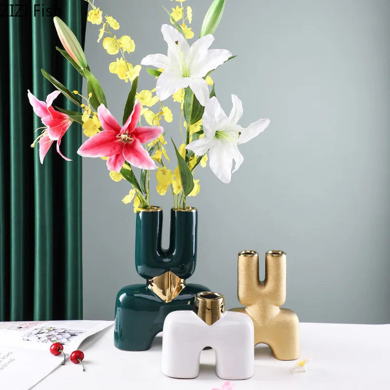 Jarrón Cerámico de Geometría Dorada Decorbites™ Decoración de Escritorio para Habitación con Estilo Moderno y Floral