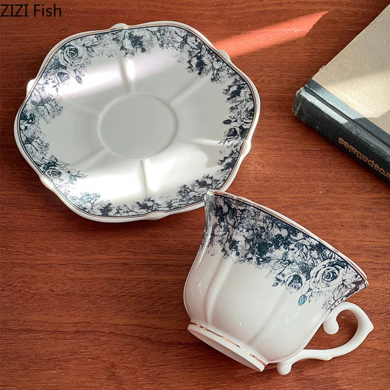 DecorBites™ Grey Blue Rose Ceramic Cup & Saucer Set, Classical Mugs for Dining Table and Coffee Mug