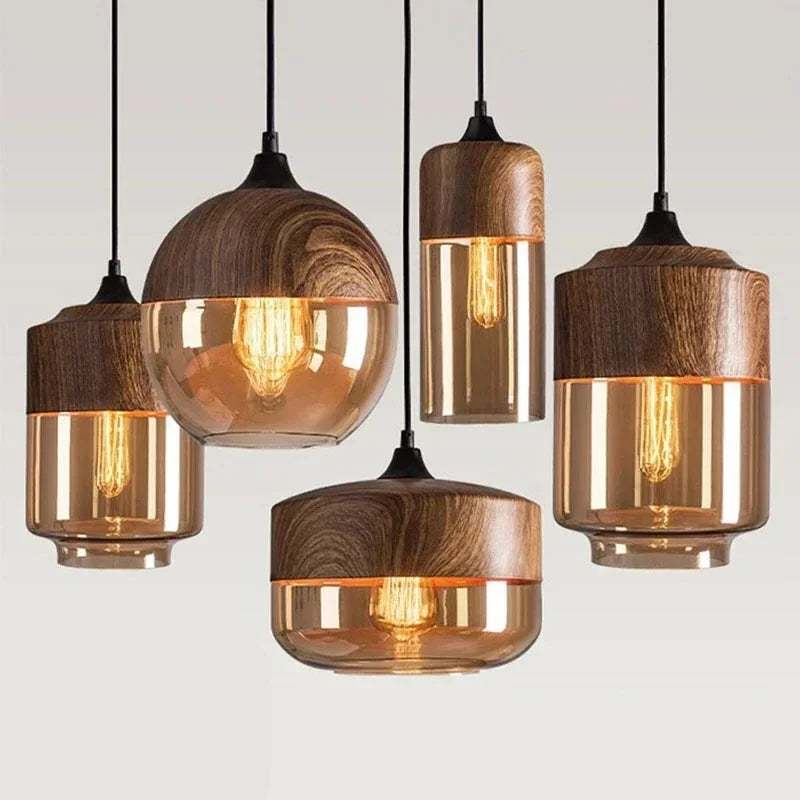 DecorBites™ Glass Wood Chandelier LED Pendant Light Fixture for Living Dining Bedroom