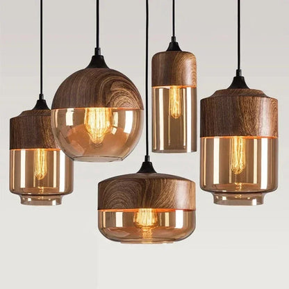 DecorBites™ Glass Wood Chandelier LED Pendant Light Fixture for Living Dining Bedroom