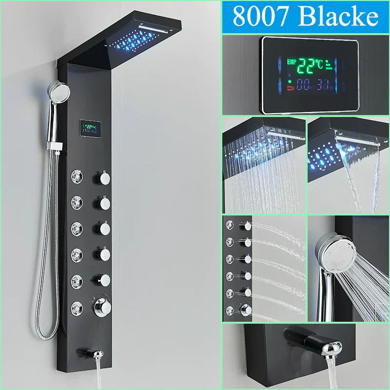 DecorBites™ LED Shower Panel Column Faucet with Rainfall Waterfall, Back Jet, Mixer Tap