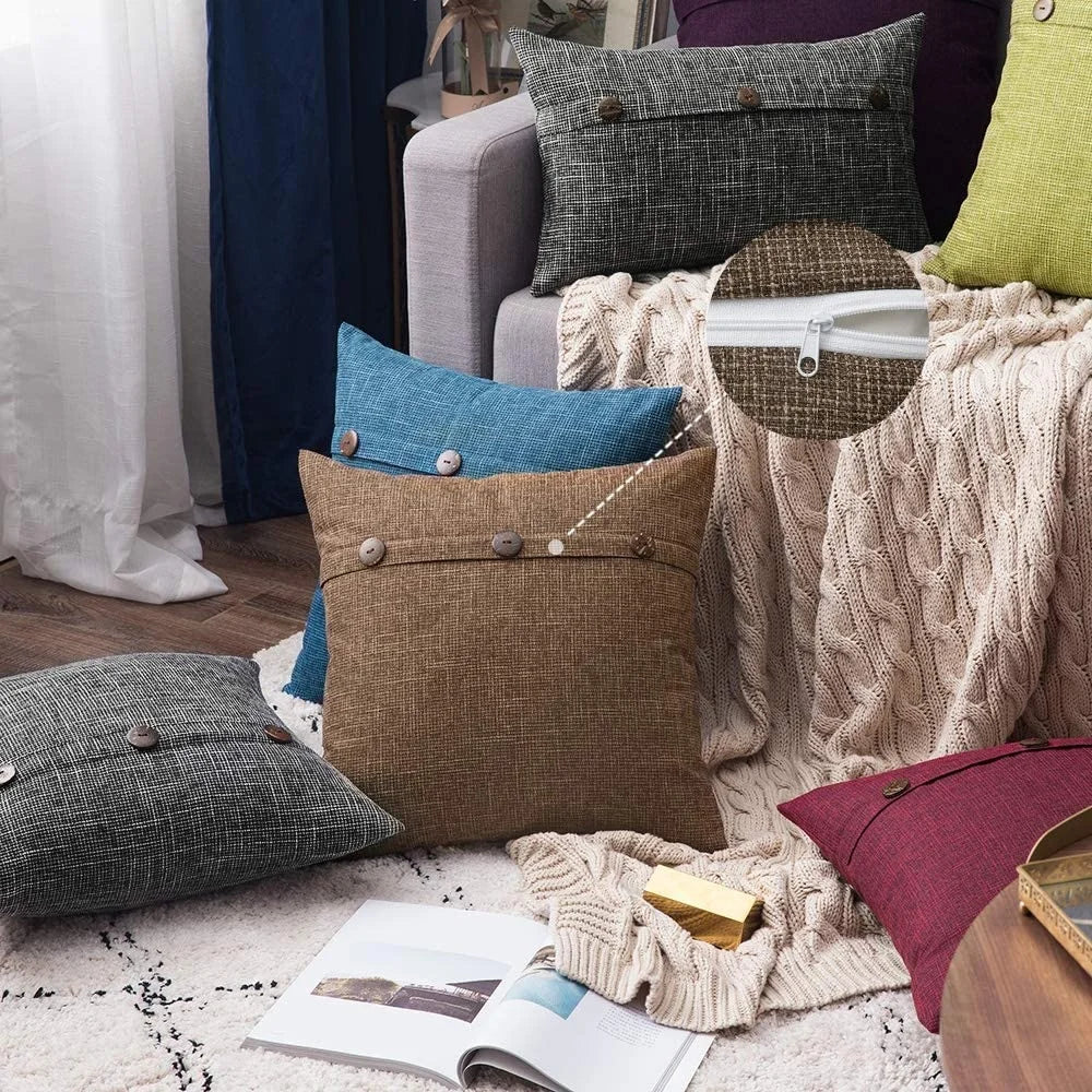 Juego de fundas de cojín DecorBites™ de lino con botones para sofá, sala de estar y cama